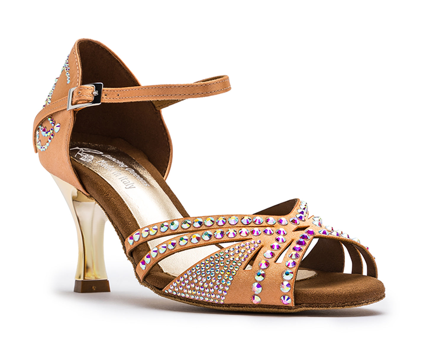 DQ L3M Tanzschuhe in Flesh mit Strass von Dancing Queens: offene Spitze, Knöchelriemen, metallischer Absatz.